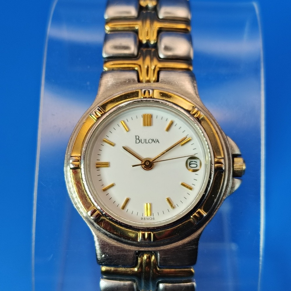 Vintage 1997 Bulova 98M36 Date Two Tone 22mm Women's Quartz Watch Near Mint